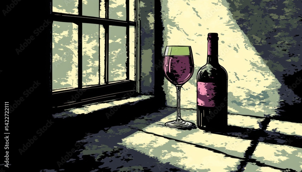 Vector illustration of a wine bottle and glass in minimalist style with a yellow background, purple hues, and white space in the middle, creating a colorful composition.