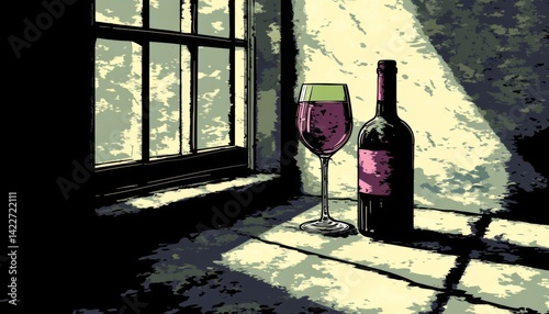 Obraz na płótnie Vector illustration of a wine bottle and glass in minimalist style with a yellow background, purple hues, and white space in the middle, creating a colorful composition. w salonie