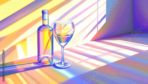 Obraz na płótnie Vector illustration of a wine bottle and glass , with a yellow background, purple hues w salonie