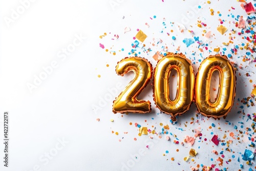 Gold Foil Number Balloons with Colorful Confetti on White Backdrop for Festive Celebratory Decoration