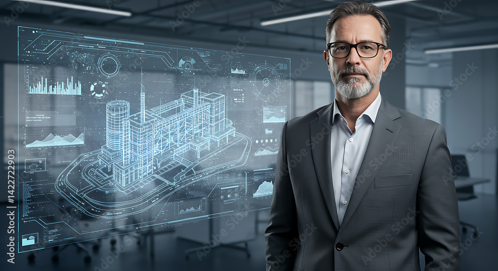 Architect Standing in Office with Building Blueprint Hologram