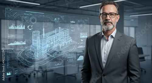 Obraz na płótnie Architect Standing in Office with Building Blueprint Hologram w salonie