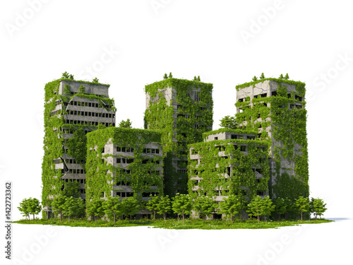 Overgrown abandoned cityscape illustration png on transparent background