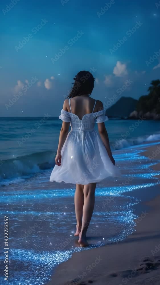 Woman in white dress walking on tropical beach at dusk with bioluminescent waves, peaceful and serene atmosphere Woman in white dress walking on tropical beach at dusk with bioluminescent waves, peaceful and serene atmosphere