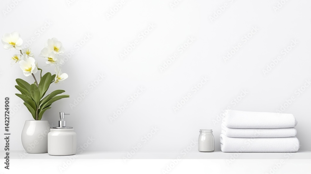 Minimalist white bathroom shelf with orchids, towels, and toiletries Minimalist white bathroom shelf with orchids, towels, and toiletries