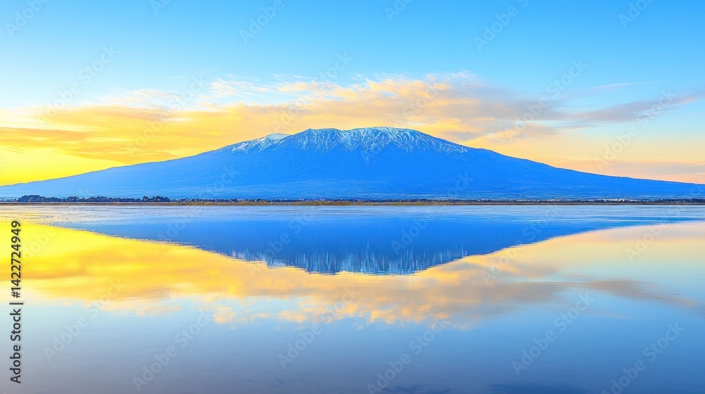 Fototapeta premium Majestic mountain reflected in tranquil lake at sunrise.