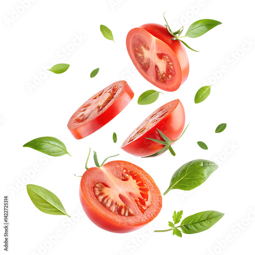 Tomato with half slices falling or floating in the air isolated on a white background png