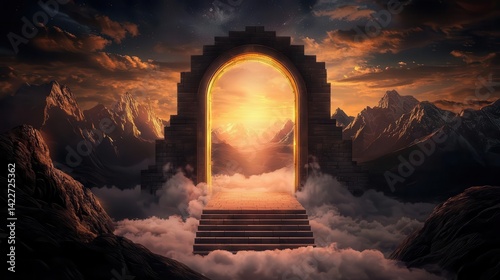 Hidden arcane city suspended in the clouds, glowing with celestial energy and intricate golden bridges