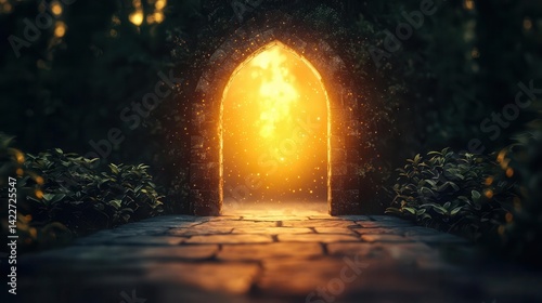 Portal opening in a medieval courtyard, glowing with ethereal energy, leading to an unknown magical realm