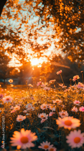A field of pink flowers with the sun shining on them. The sun is setting, casting a warm glow on the flowers. The scene is peaceful and serene, with the flowers and the sun creating a beautiful