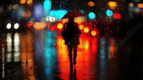 Rainy city street at night, neon reflections and silhouette figure