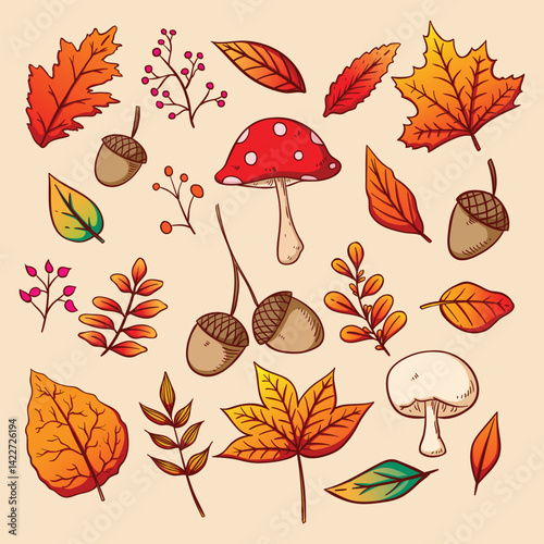 Autumnal bounty Leaves berries acorns  mushrooms scatter in earthy tones