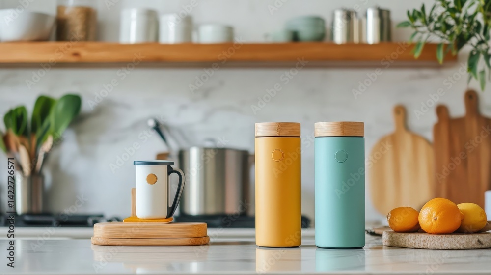 Reusable products on kitchen counter with clean aesthetics Reusable products on kitchen counter with clean aesthetics