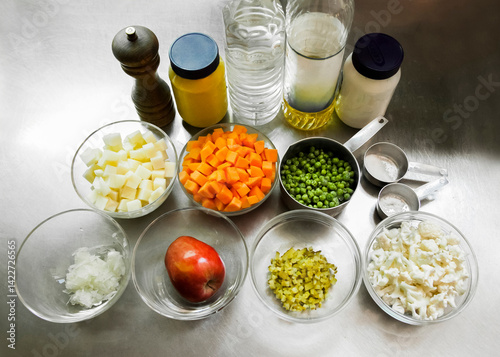 Ingredients for waldorf salad. Concept of mise en place