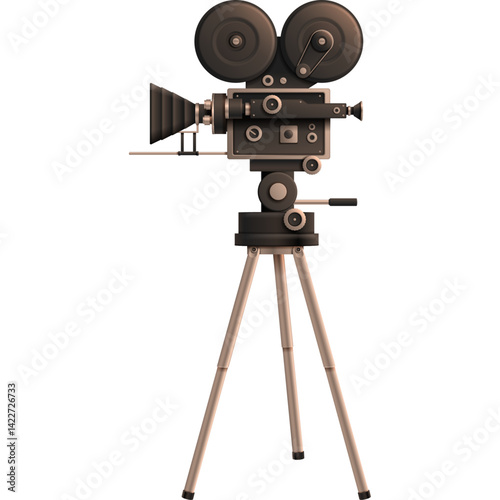 vintage movie camera rewriting-An old-fashoned movie camera on a tripod isolated on white.
