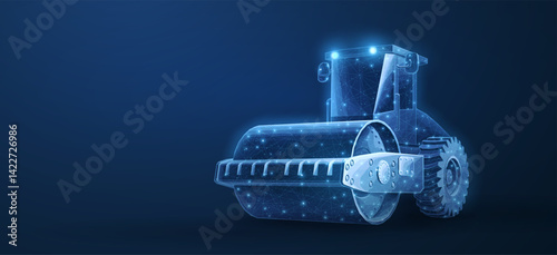 Road roller. Building site, construction machine, diesel engine.