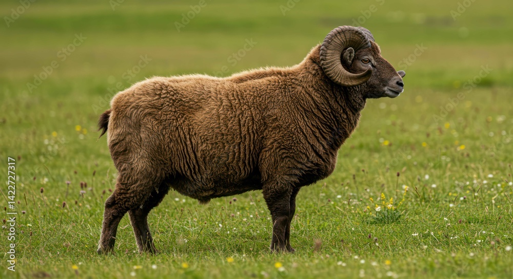 Fototapeta premium A brown ram stands majestically in a green, flowering field.
