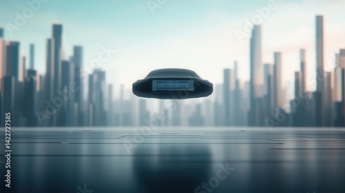 Flying cyberpunk car hovering above a cityscape, sleek aerodynamic design with a holographic control panel