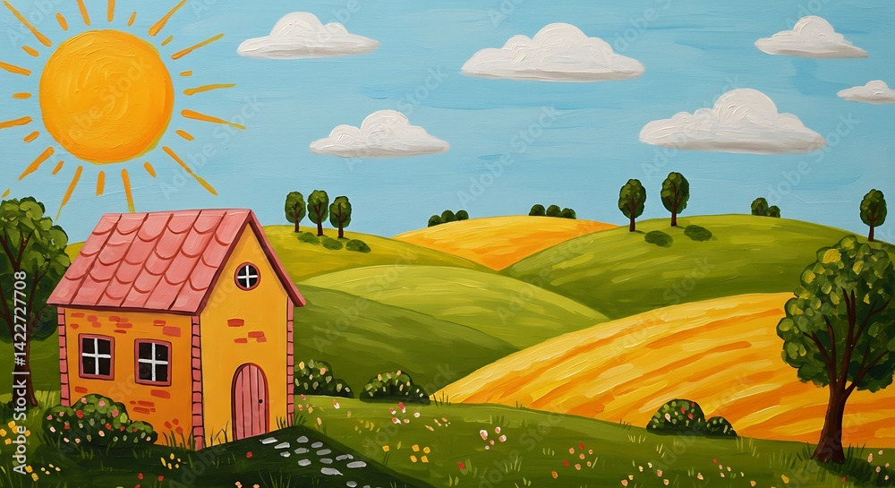 Fototapeta premium Sunny Day in Rolling Hills: Charming Cottage Landscape Painting