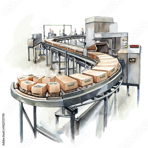 Factory Conveyor System With Products, watercolor vector, isolated on a white background.