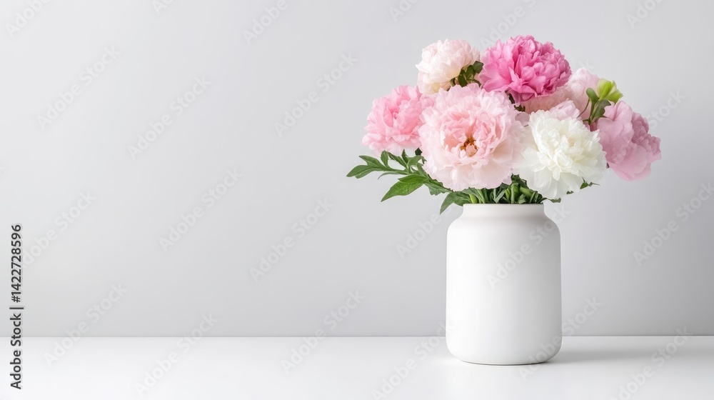 A white vase filled with vibrant pink and white peonies sitting on a clean minimalist table, soft pastel colors, elegant floral arrangement, and indoor setting. A white vase filled with vibrant pink and white peonies sitting on a clean minimalist table, soft pastel colors, elegant floral arrangement, and indoor setting.