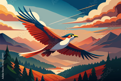  Soaring Bird and Mountain Vista: A vibrant bird soars gracefully across a stylized mountain landscape, its colorful plumage a striking contrast against the rolling hills and cloudy sky. generative AI