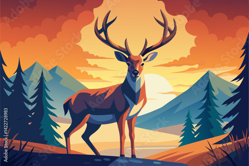 A regal stag stands proudly against a vibrant sunset backdrop, showcasing its impressive antlers and surveying a majestic landscape in a stylized illustration. generative AI