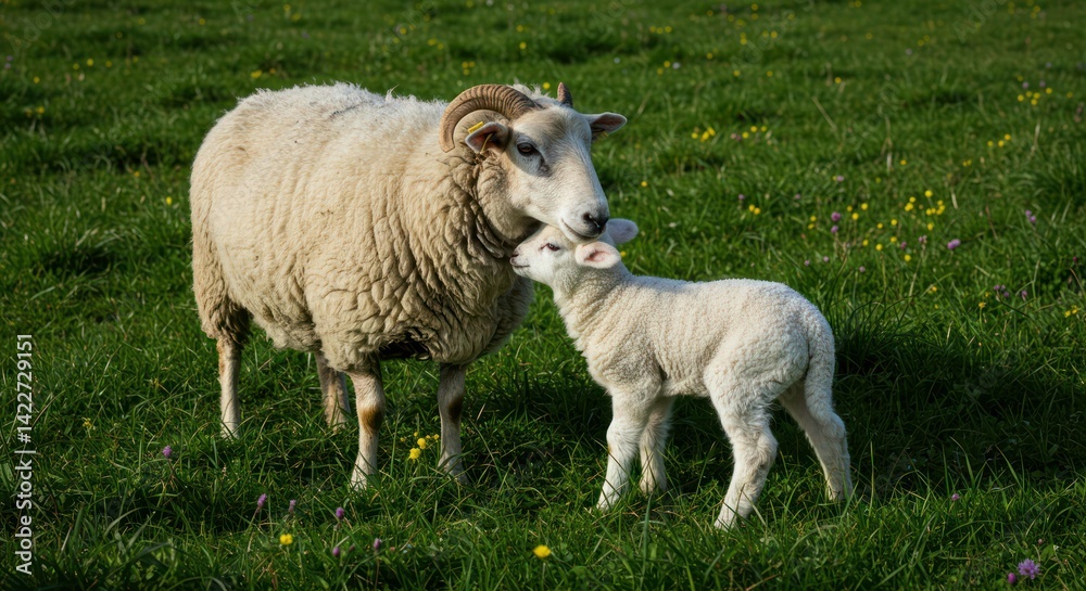 Obraz premium Sheep and lamb in a green meadow in daylight, a mother and its offspring.