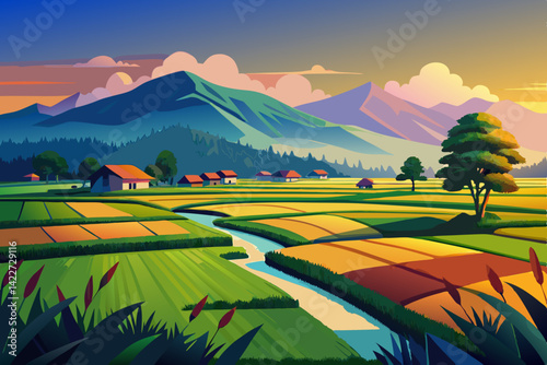 Countryside Panorama: A picturesque panorama captures a peaceful village nestled amidst vibrant green rice paddies and rolling hills, bathed in the golden hues of a breathtaking sunset. generative AI