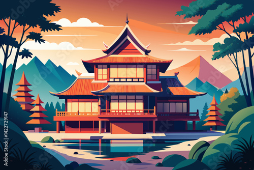 Tranquil Asian Villa: A picturesque illustration depicting a traditional Japanese villa nestled amidst lush green hills and a serene pond, bathed in the warm glow of a setting sun. generative AI
