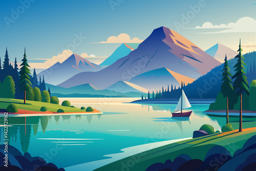 Serene Sailboat on a Mountain Lake: A picturesque illustration shows a lone sailboat gliding peacefully across a tranquil lake, reflecting majestic mountains under a clear sky. generative AI