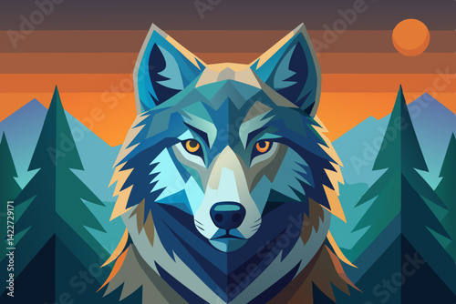 Majestic Wolf Silhouette: The artwork showcases a stoic wolf, its piercing gaze meeting the viewer's, set against a stylized backdrop of mountains and a twilight sky. generative AI