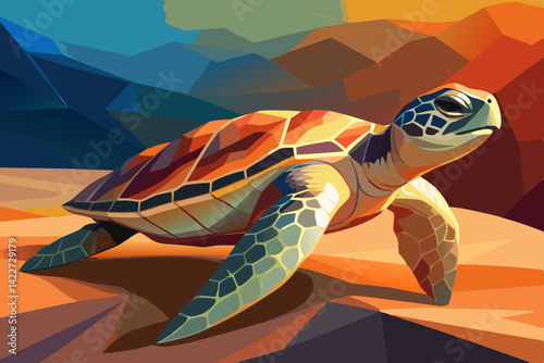 A vibrant, stylized sea turtle rests on a sandy beach, its shell reflecting the warm hues of a sunset.  The artwork uses geometric shapes to create a unique, modern aesthetic. generative AI