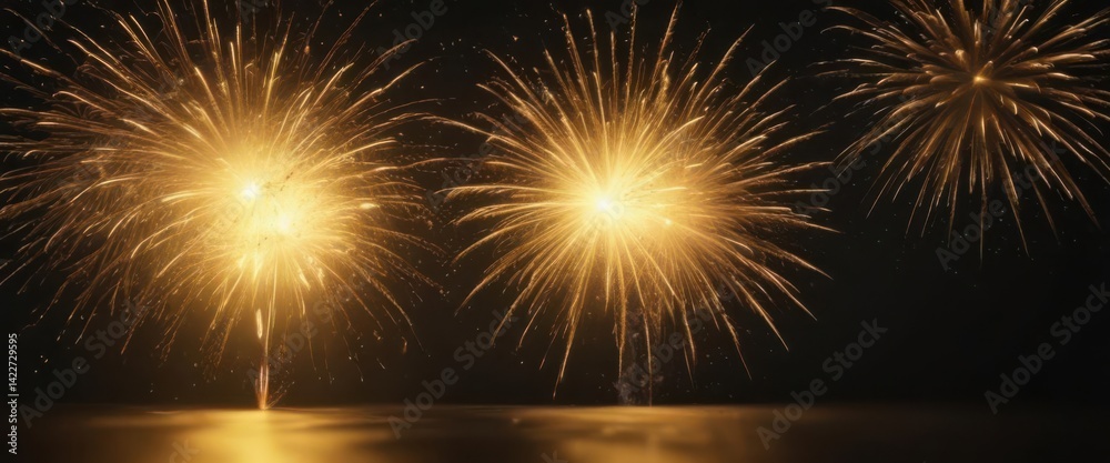 Naklejka premium Golden firework explosion, vibrant yellow light against black night , texture, bright, celebratory