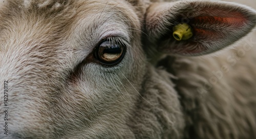 A close up shot on a sheep featuring the eye, ear and tagged number.