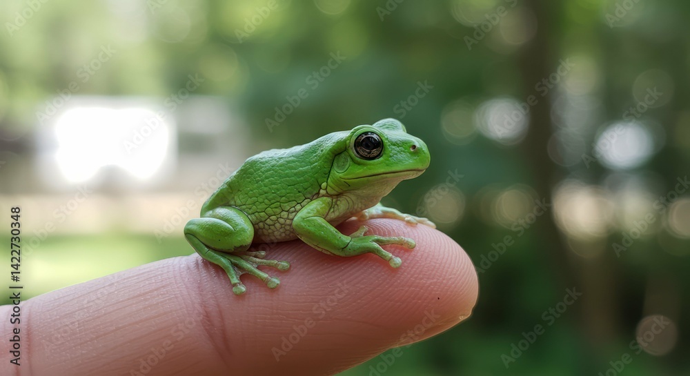 Naklejka premium A tiny green tree frog sits perched on the tip of a human finger, outdoors.