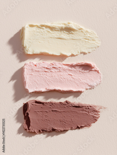 Creamy pastel mousse swatch – vanilla, strawberry, and chocolate colors in close-up