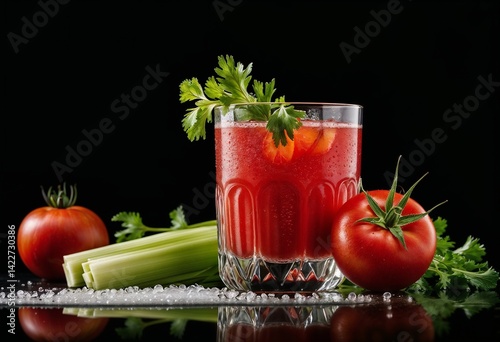 Vibrant Bloody Mary cocktail with tomatoes and celery on a reflective surface