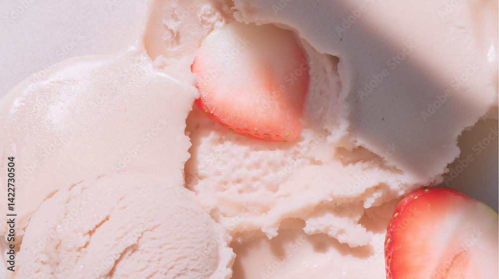Strawberry ice cream with fresh slices – pastel pink dessert close-up