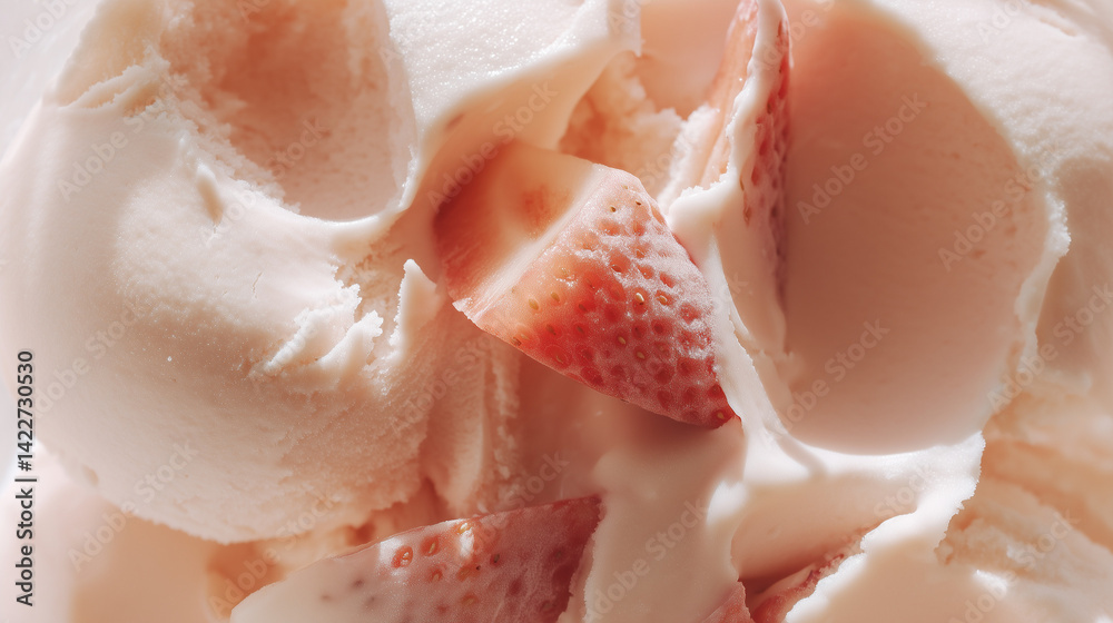 Strawberry milk ice cream close-up with sliced strawberries – pastel aesthetic