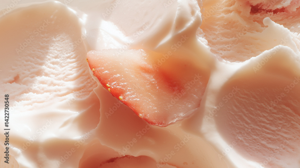 Strawberry milk ice cream with sliced strawberries – creamy texture close-up