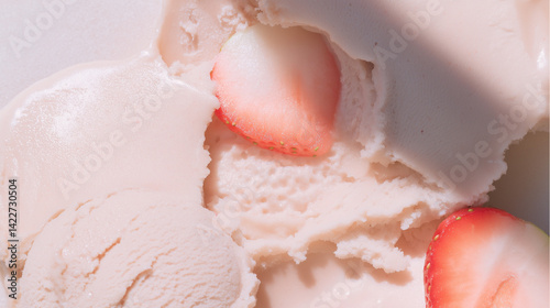 Strawberry ice cream with fresh slices – pastel pink dessert close-up