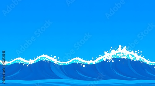 A vibrant light blue sky meets dynamic, stylized ocean waves in varying shades of blue, topped with white foam and splashes, conveying a sense of movement and the invigorating power of the sea.