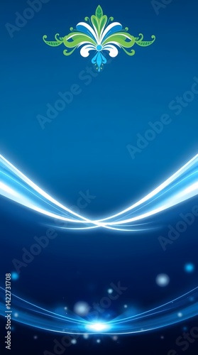 A vibrant blue gradient backdrop features a decorative green, white, and blue floral flourish at the top, complemented by dynamic, glowing white and blue abstract waves and bokeh lights at the bottom