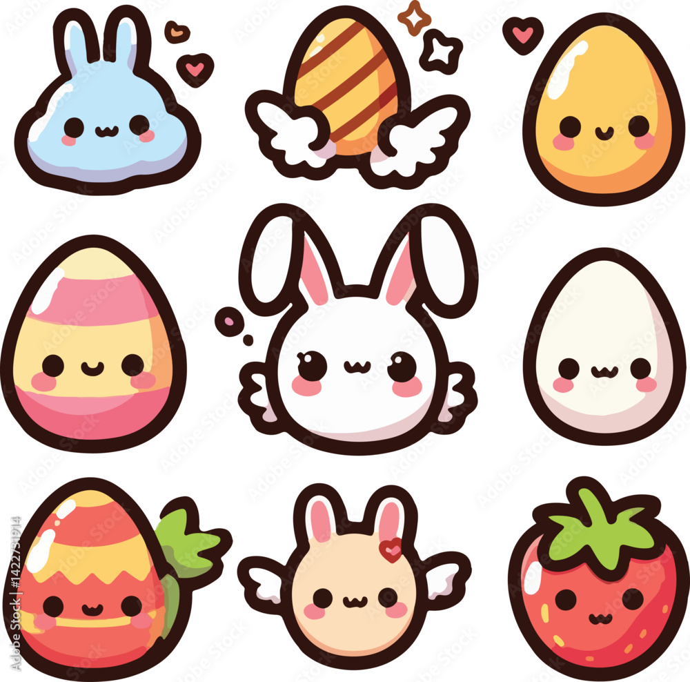 Naklejka premium Cute Kawaii Cartoon Easter Elements. Simple Clipart Sticker Set Collection