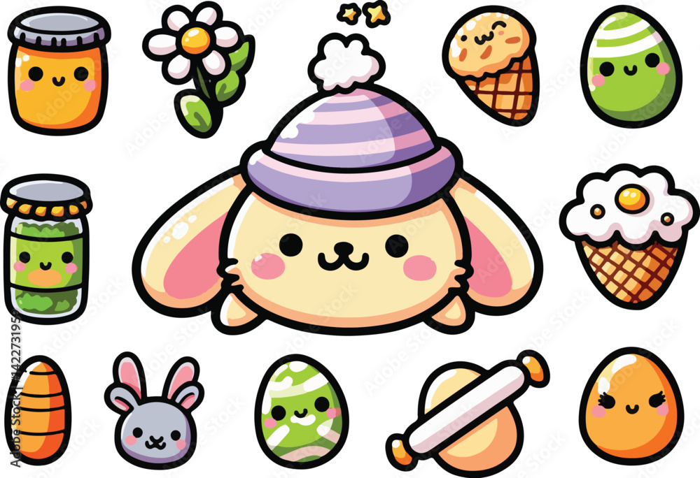 Fototapeta premium Cute Kawaii Cartoon Easter Elements. Simple Clipart Sticker Set Collection