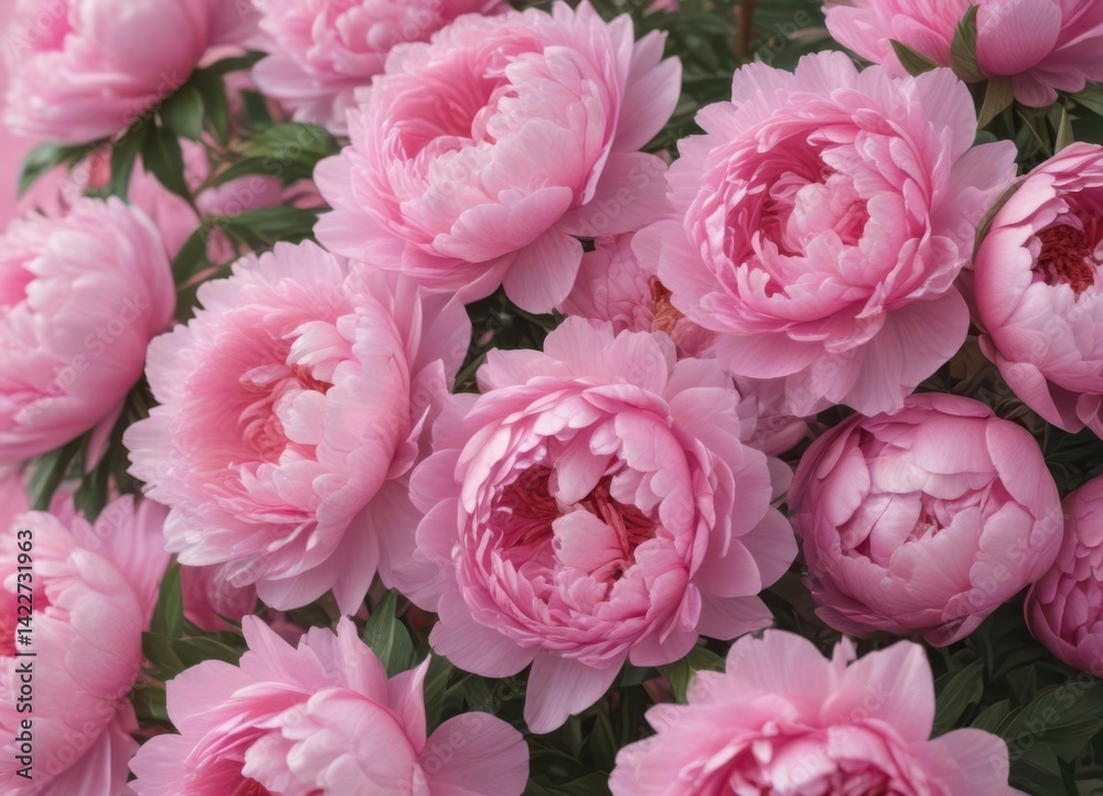 Dense cluster of pink peonies, soft pink backdrop , blossom, soft Dense cluster of pink peonies, soft pink backdrop , blossom, soft