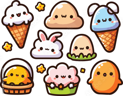 Cute Kawaii Cartoon Easter Elements. Simple Clipart Sticker Set Collection