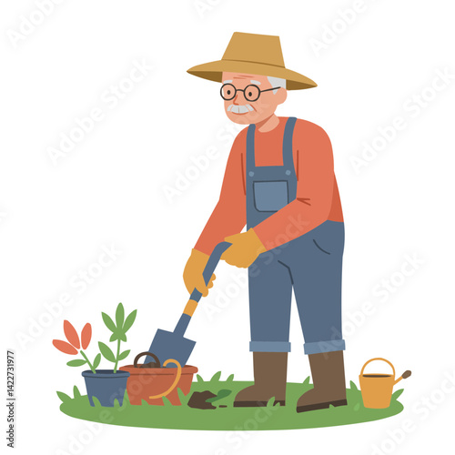 Elderly man gardening happily - smiling grandfather in straw hat tending blooming garden, his wrinkled hands carefully weeding flowerbeds, atmosphere of joy and harmony with nature.