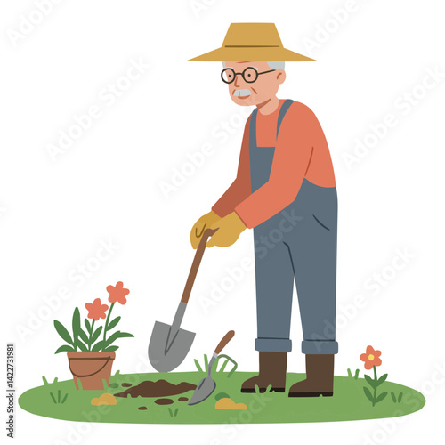 Elderly man gardening happily - smiling grandfather in straw hat tending blooming garden, his wrinkled hands carefully weeding flowerbeds, atmosphere of joy and harmony with nature.